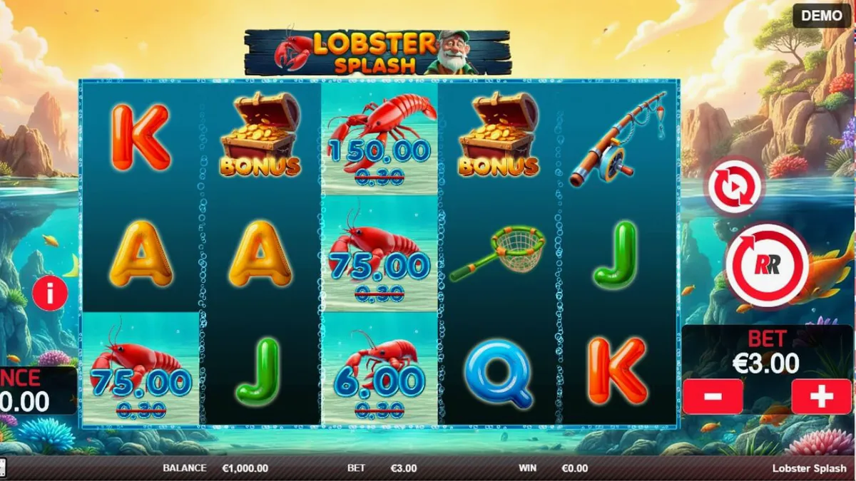 Interface colorida e subaquática do slot Lobster Splash com lagostas e pescador