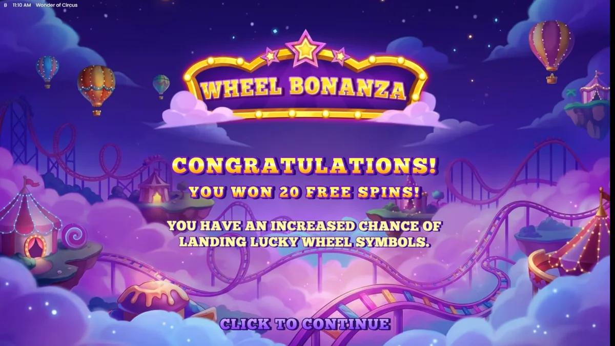 Interface vibrante do slot Wonder of Circus com elementos de circo neon